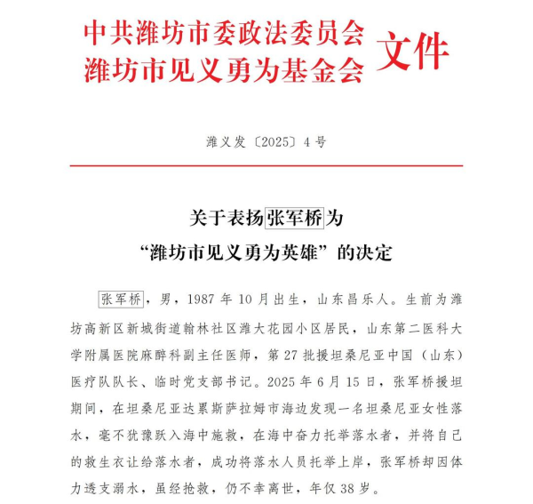 申银证券 援坦医生张军桥被追授为“潍坊市见义勇为英雄”